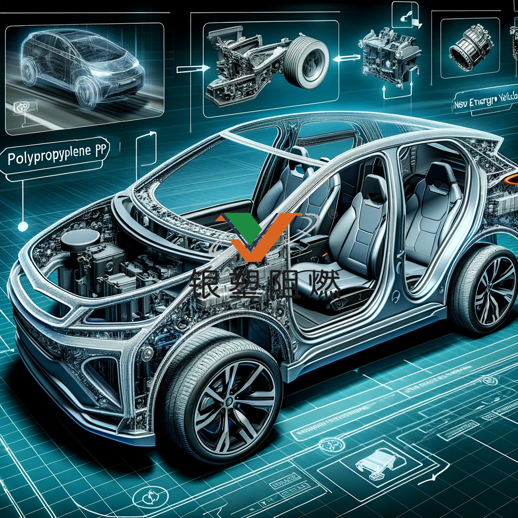 DALL��E 2024-01-30 11.50.18 - A digital illustration highlighting the use of polypropylene (PP) material in new energy vehicles (NEVs). The scene depicts a close-up view of various.png